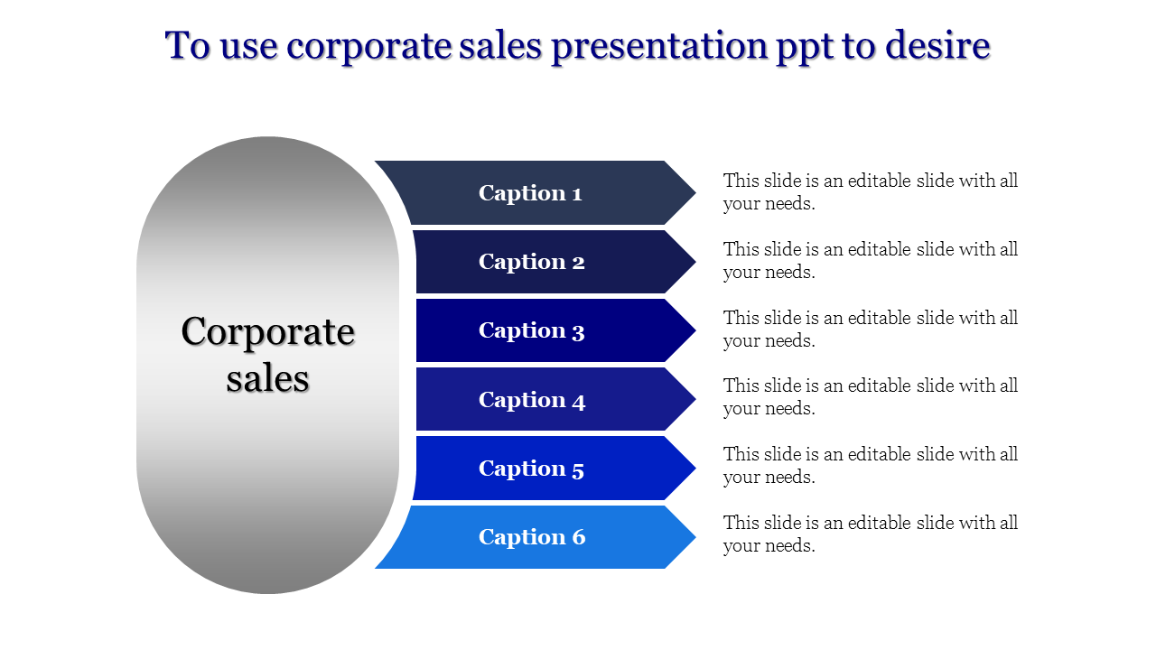 Corporate sales layout with a gray gradient oval, paired with six blue arrow shaped segments on a white background.