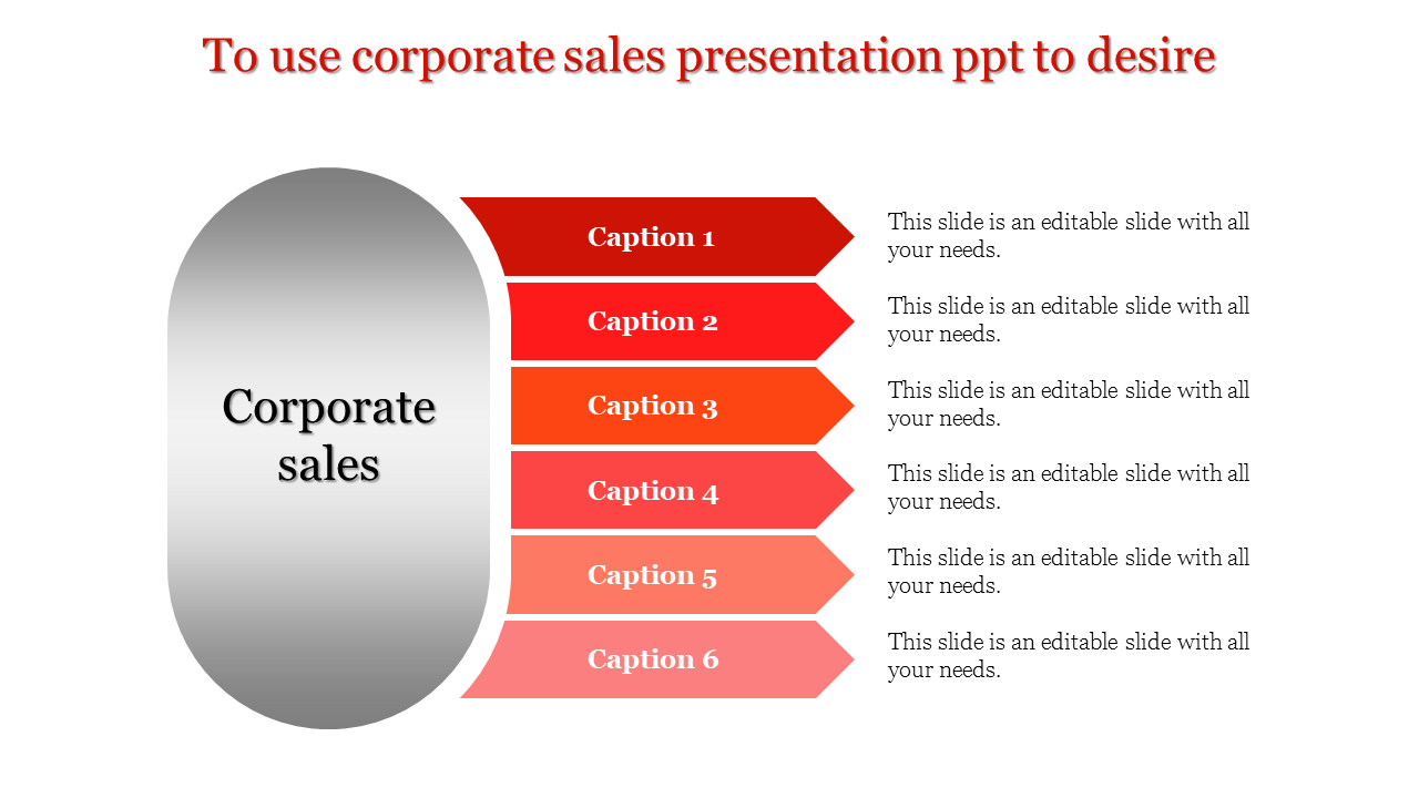 Corporate sales layout with a gray gradient oval, paired with six red arrow shaped segments on a white background.