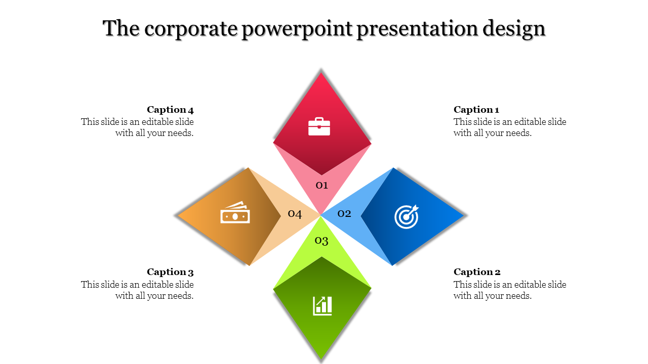 Corporate design featuring a four-part diamond with icons for business, goals, growth, and finance.