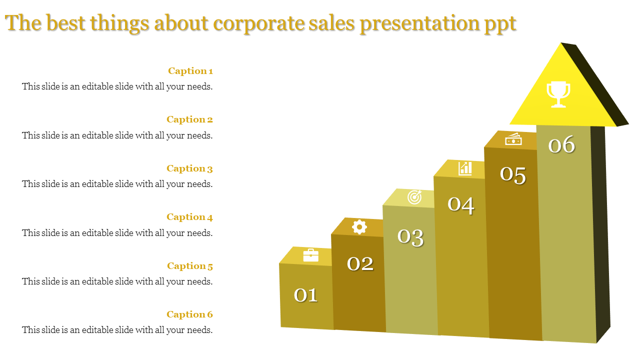 Corporate sales presentation template showing six steps with icons, including a trophy at the top.