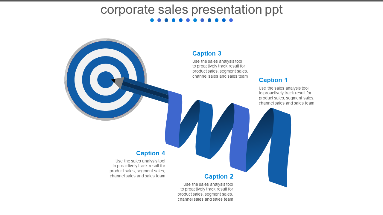 Corporate sales layout featuring a dartboard with concentric blue circles and a ribbon path connecting four caption points.