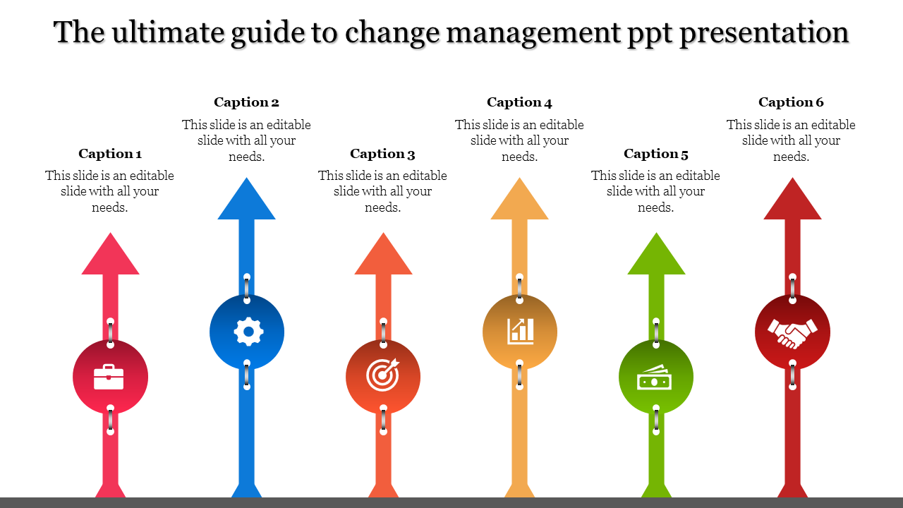 Change management PowerPoint slide with six upward arrows, each labeled with a different icon and caption.