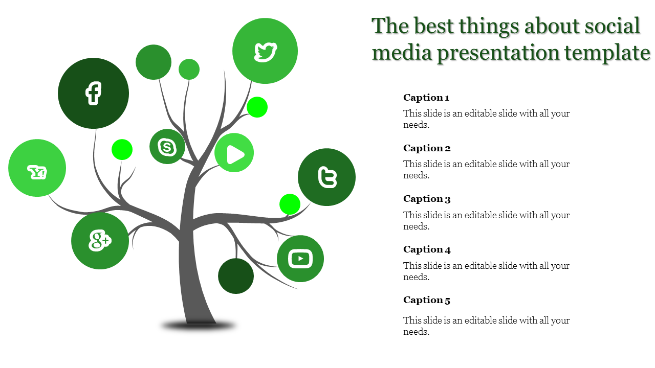 Tree infographic with green social media icons on branches for platforms like Twitter and YouTube.