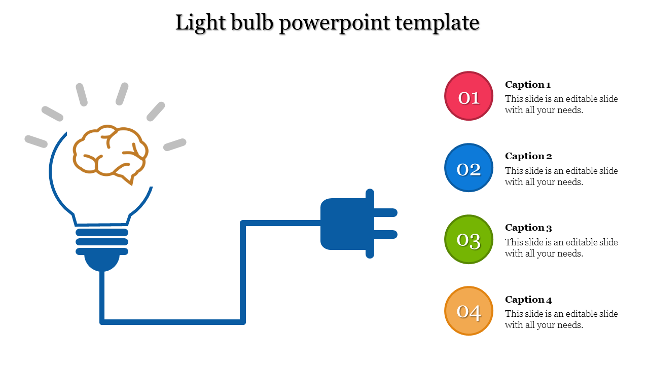 Illustration of a blue light bulb with brain detail, attached to a plug, with four colored caption circles on the right.