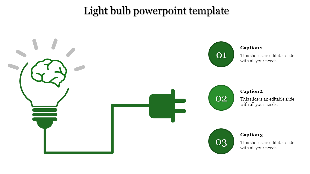 Green brain light bulb connected by a cord to a plug, with three numbered circles and captions aligned on the right.