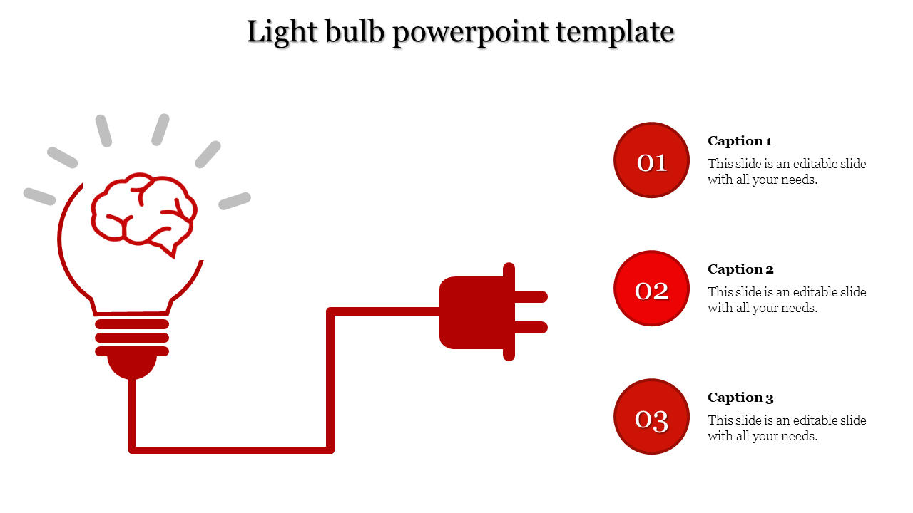 Light bulb graphic with a brain inside, connected to a plug, and three numbered circular captions, all in red accents.