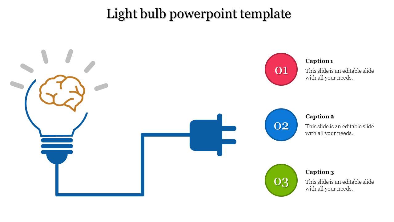 PowerPoint template featuring a light bulb with a brain inside and an electrical plug at the base with captions.