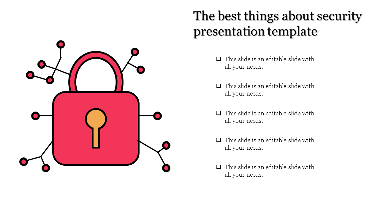 Security themed PowerPoint slide with a lock and nodes, featuring five sections.