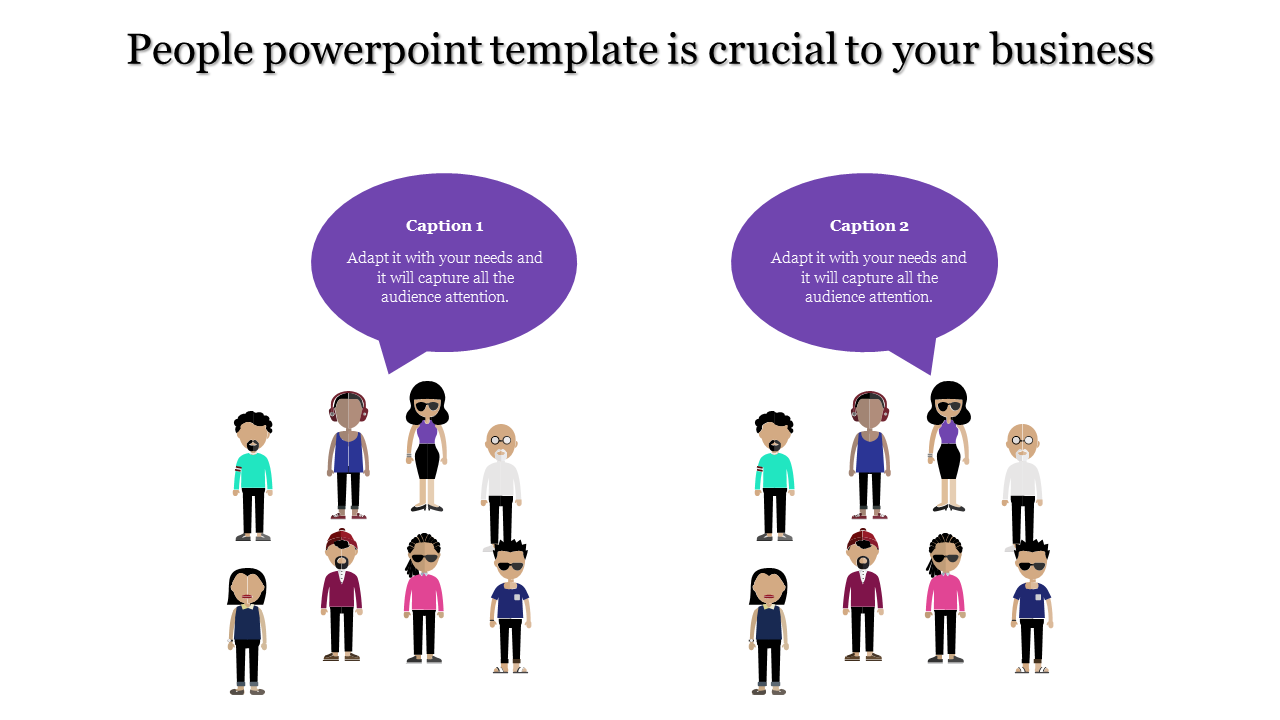 Business-themed template with cartoon people illustrations in two groups, each with a speech bubble caption areas.