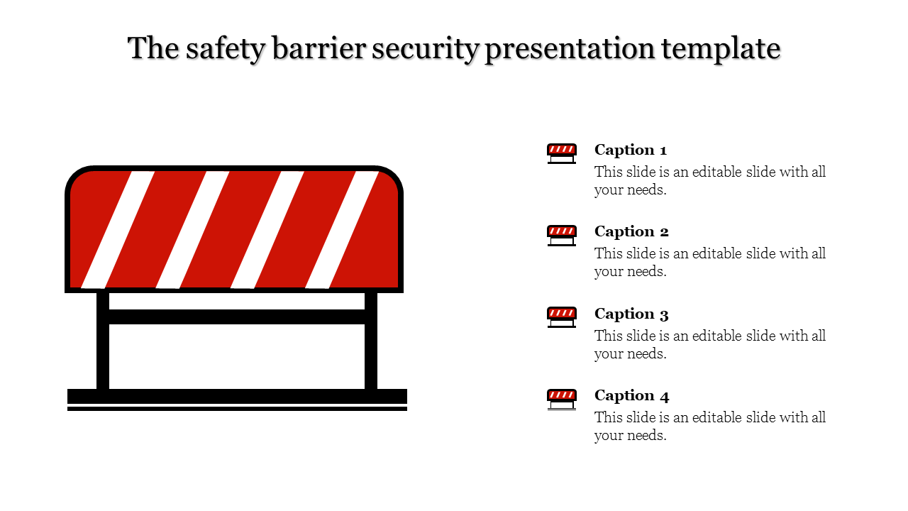 Illustration of a security barrier with red and white stripes in a corporate presentation template with captions.