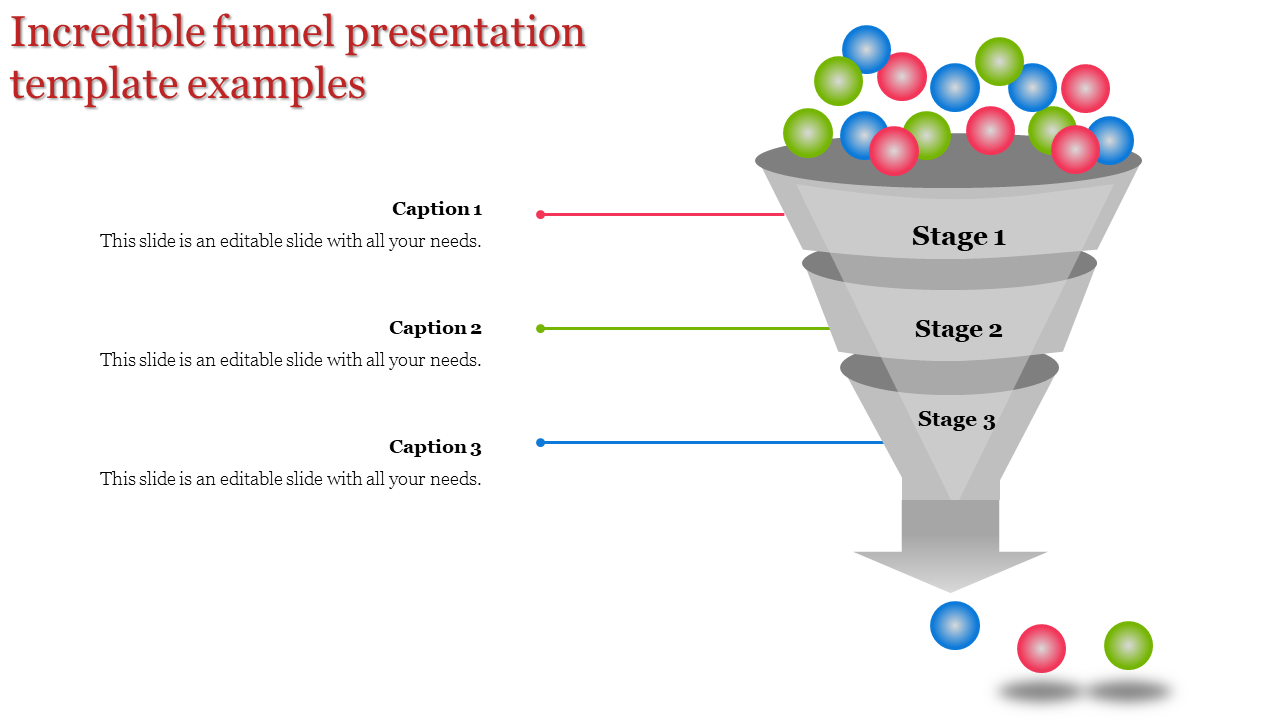 Three-stage gray funnel with colorful balls at the top and arrows pointing to captions on the left, on a white background.