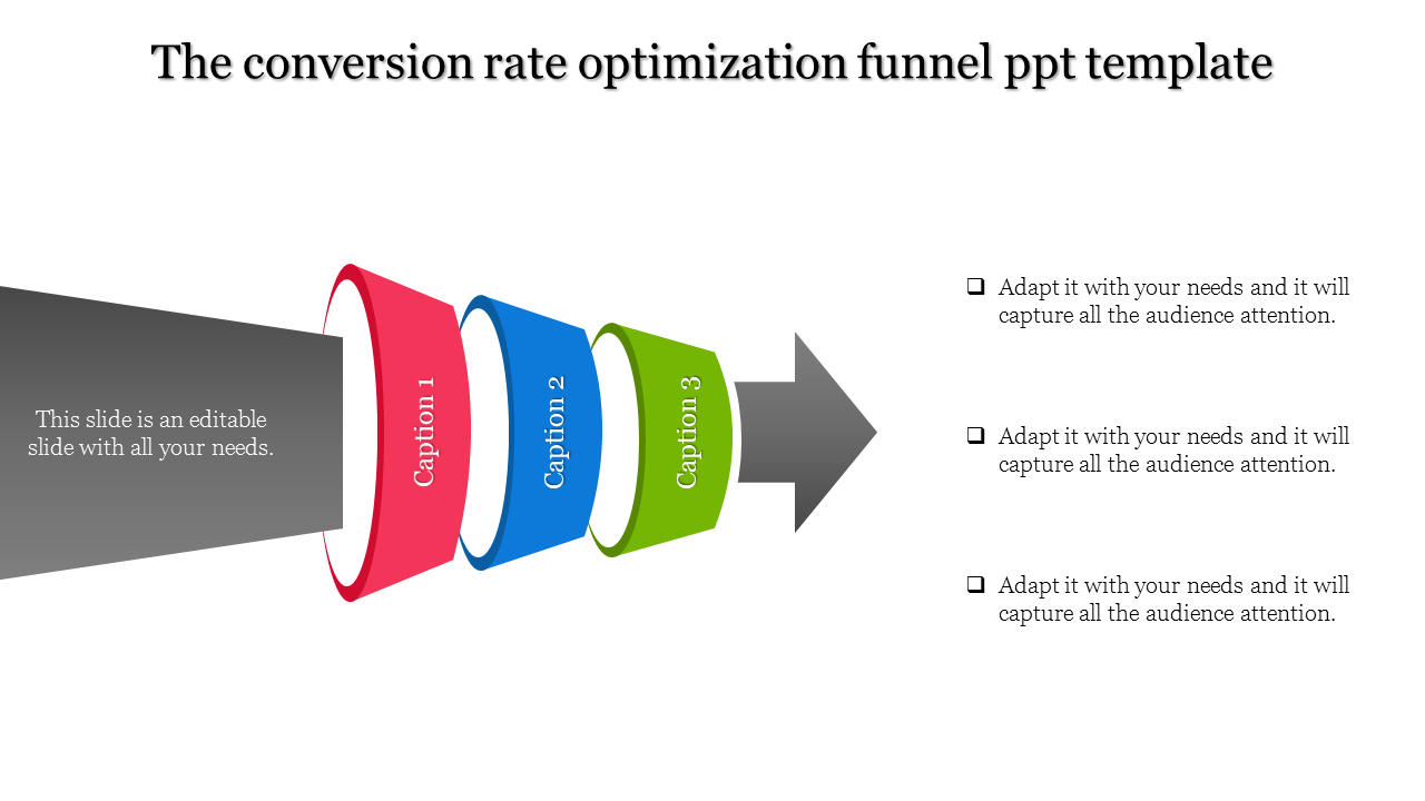 Three-part funnel in red, blue, and green, representing stages of conversion, ending in a gray arrow, with placeholder text.