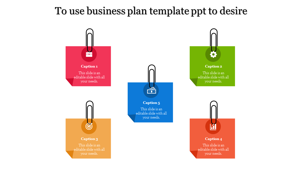 Business plan template with red, green, yellow, blue, and orange paperclip blocks, each containing an icon and text.