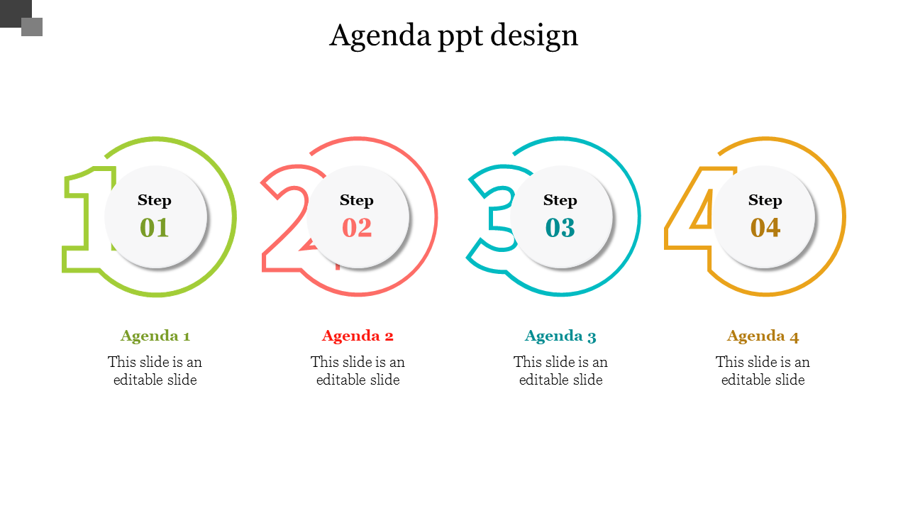 Colorful circular icons with numbers and steps, labeled from four agendas on a clean white background with placeholder text.