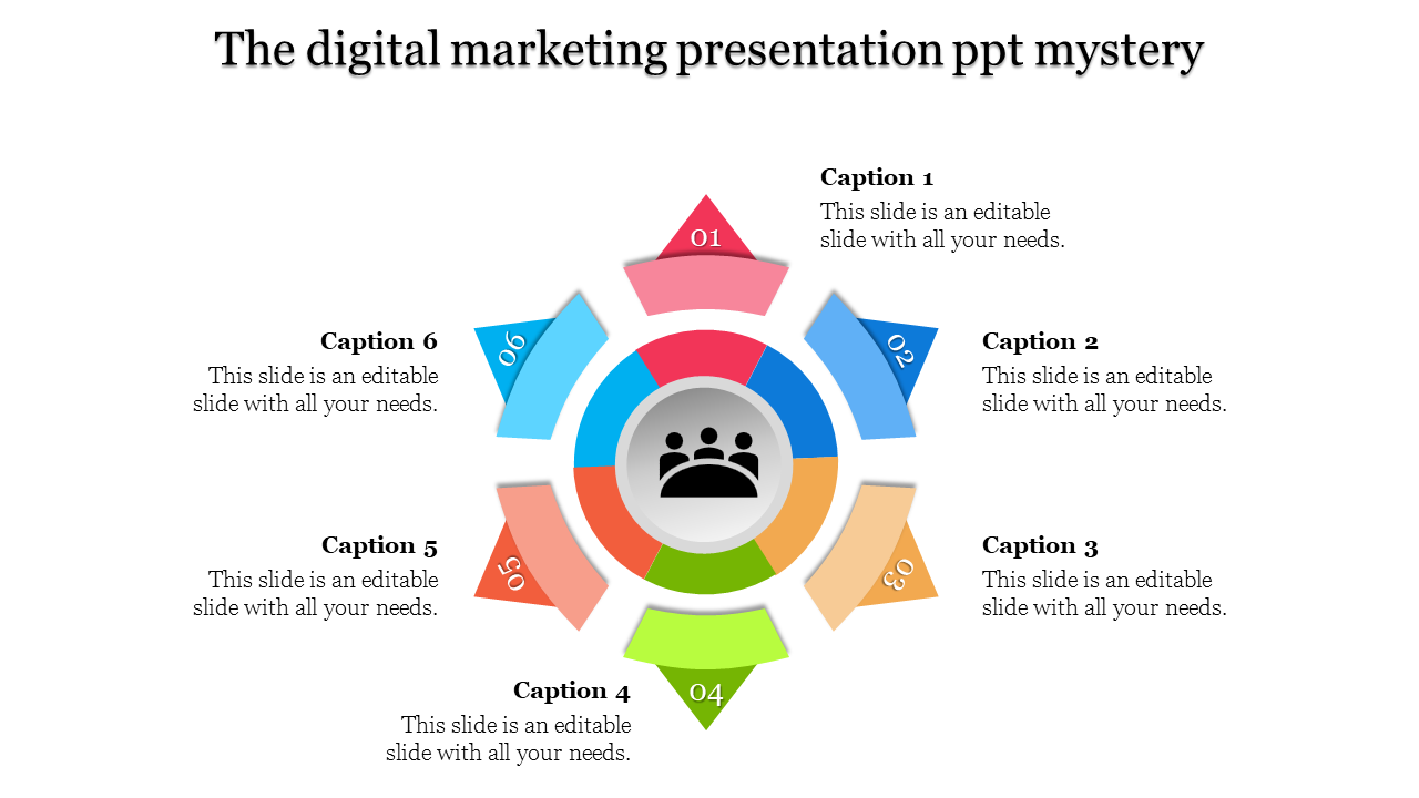 Digital marketing slide featuring a central icon of people, surrounded by a six segment radial layout in varied colors.