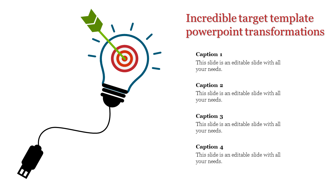 PowerPoint slide showing a lightbulb with a target symbol and arrow, accompanied by captions.