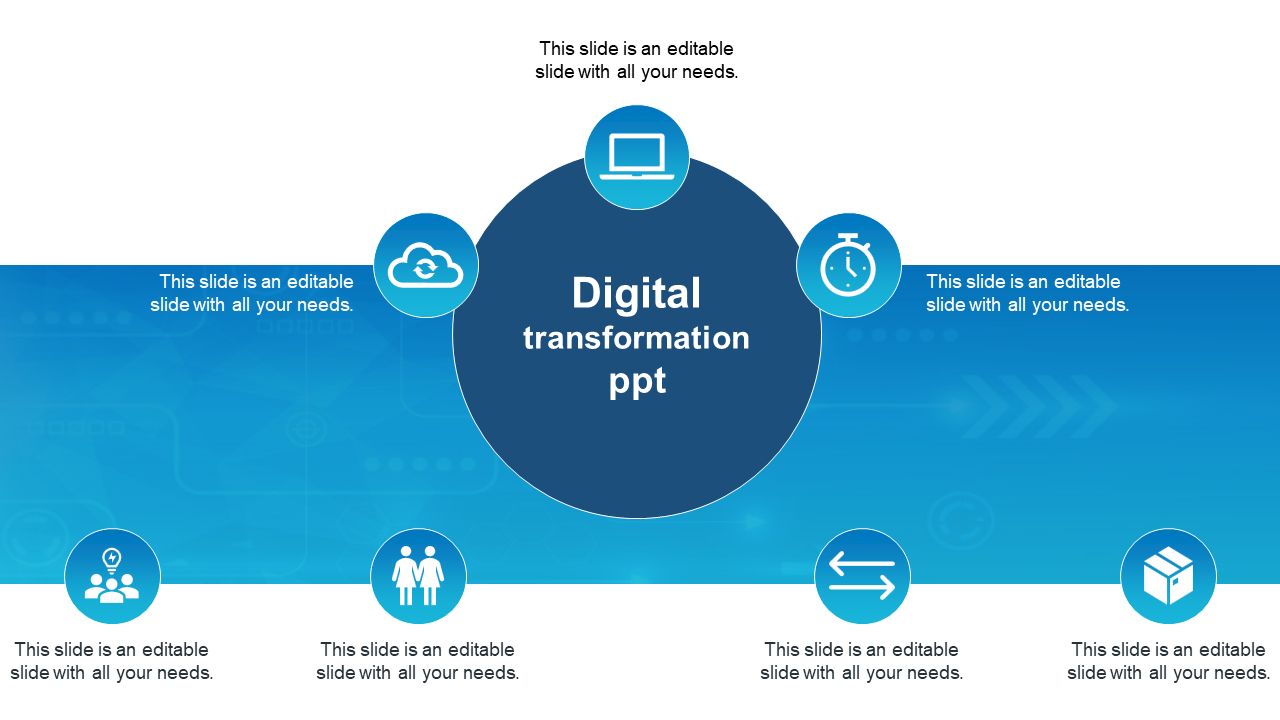 Blue digital transformation slide with a central circle highlighting the topic, connected to various icons with text area.