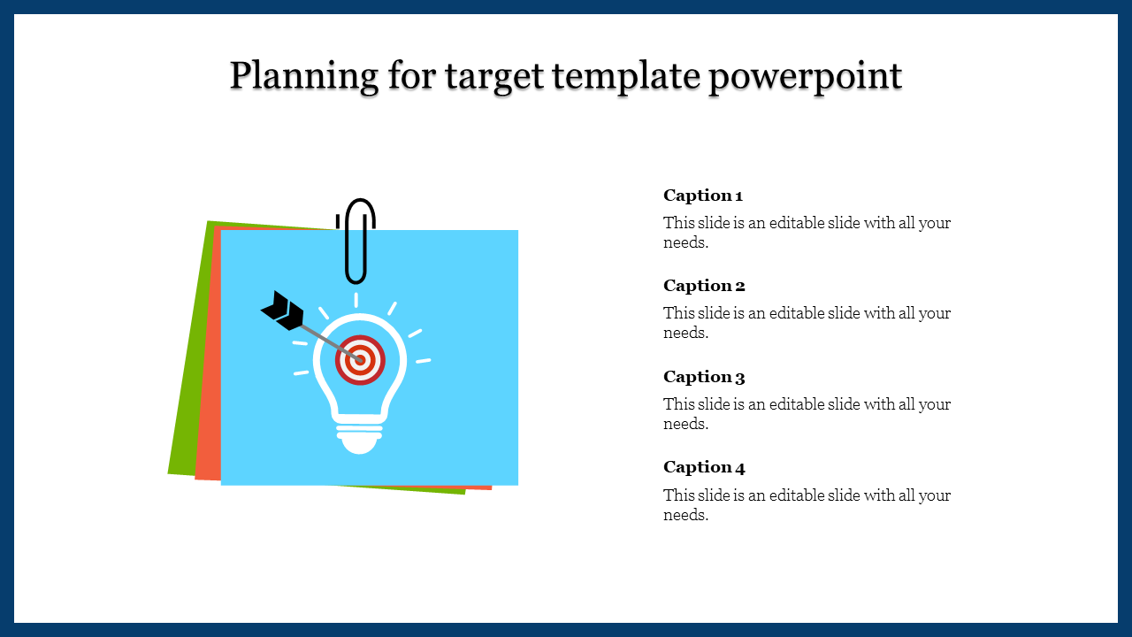 A planning slide featuring a target design inside a lightbulb, with colorfully stacked papers on the side.