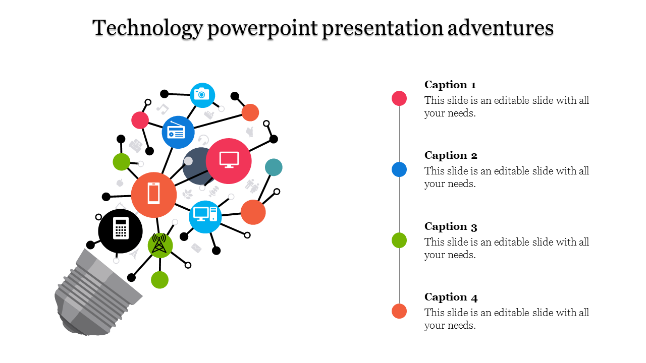 Creative technology lightbulb graphic with icons like phone, computer, and radio, connected with lines, and captions.