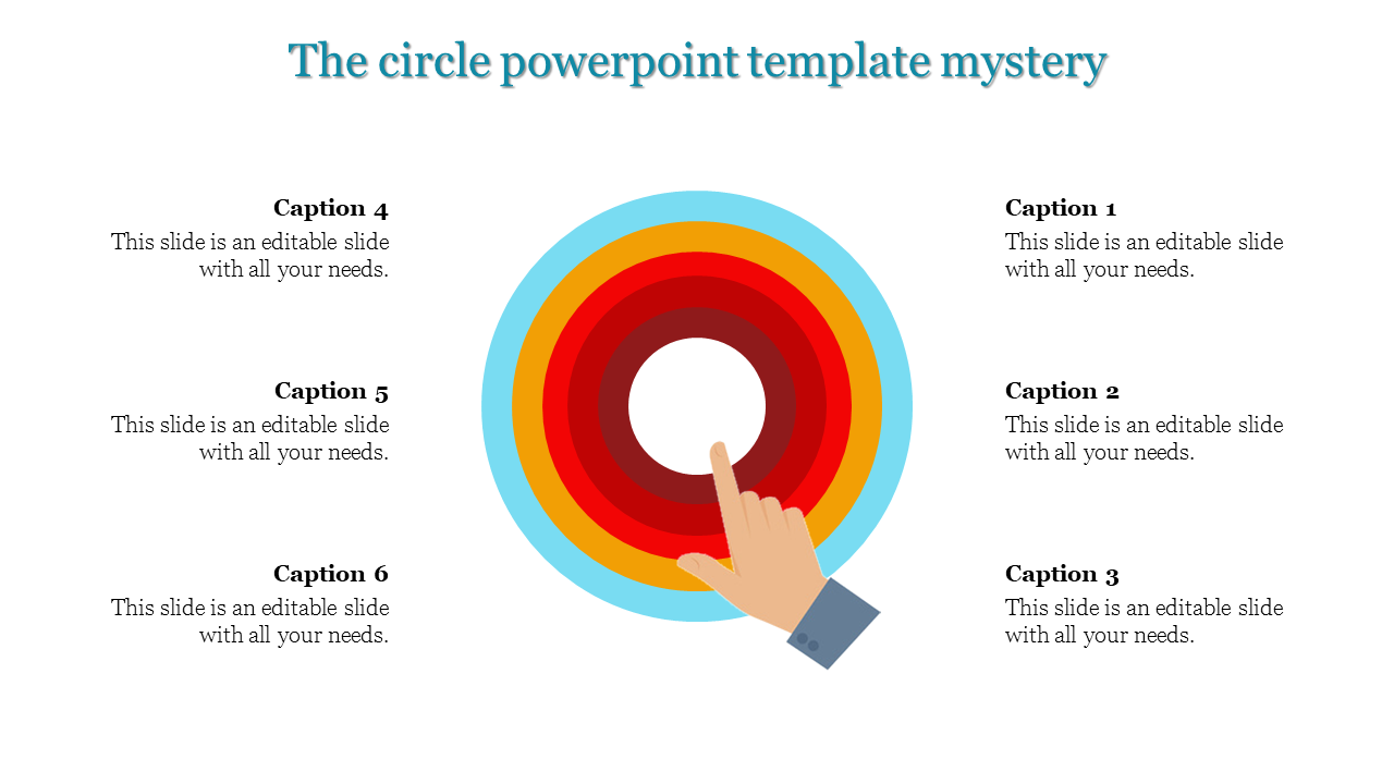 Circular layered design with a hand pointing at the center, featuring colorful concentric circles in blue, red, and yellow.