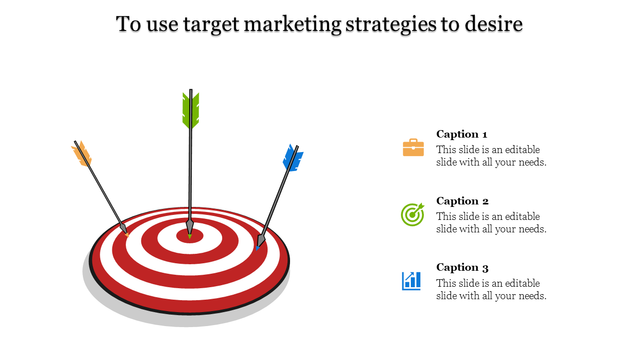 Target marketing strategies PPT slide showing arrows pointing to a bullseye, with icons for business, goals, and growth.