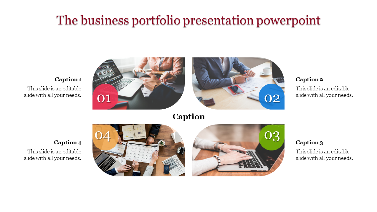 Business portfolio slide showing four images of people working on laptops, writing, and reviewing documents, with captions.