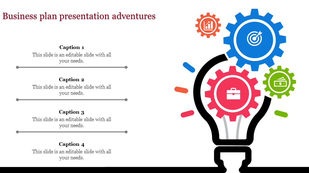 Business plan PowerPoint template featuring a lightbulb filled with colorful gears and icons representing business concepts.