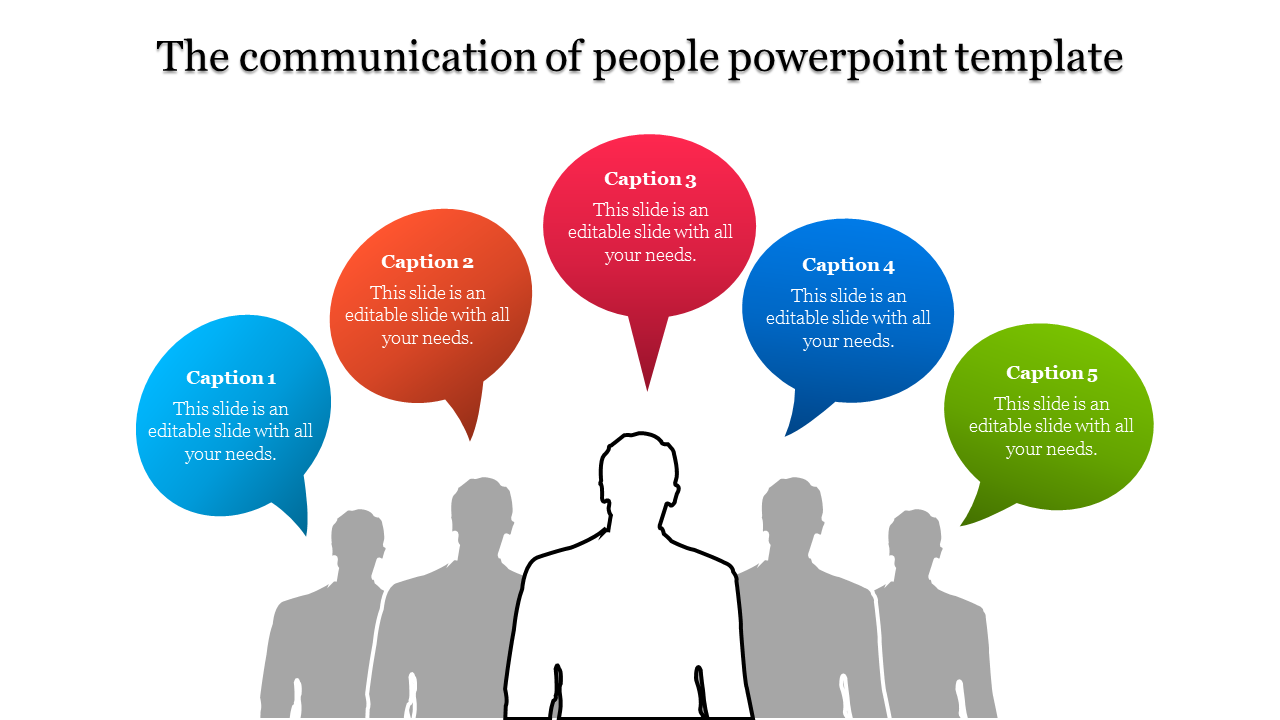 Silhouettes of people with five speech bubbles in various colors, representing communication flow.