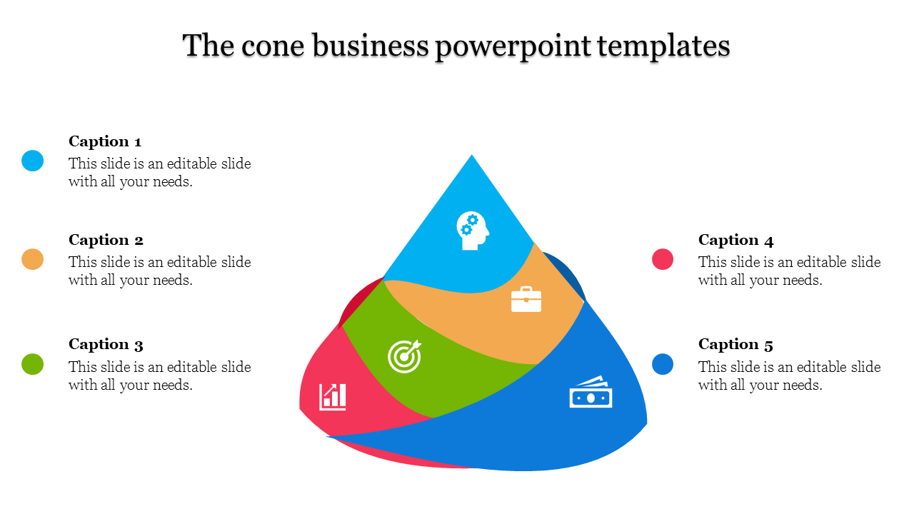 Colorful cone shaped infographic with segments in blue, orange, green, red, and teal, with icons and captions.