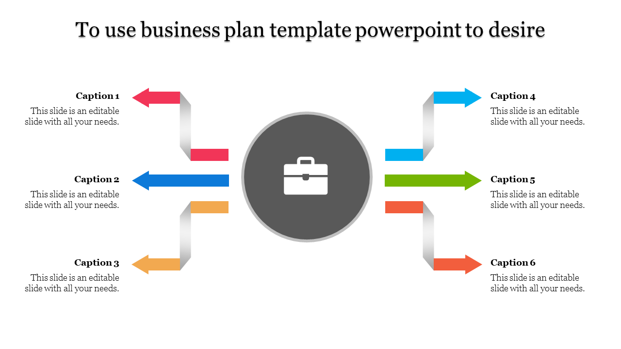 PowerPoint template for a business plan featuring colored arrows pointing toward a briefcase symbol with captions.