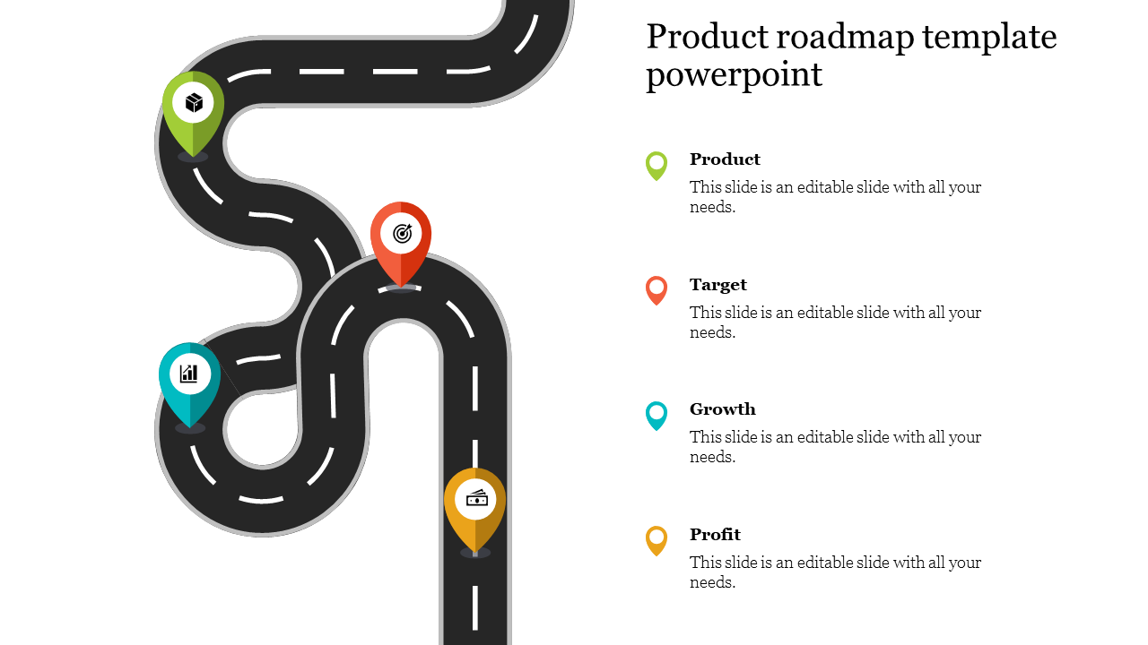 Product roadmap template featuring a winding road with colorful location pins representing color-coded milestones.