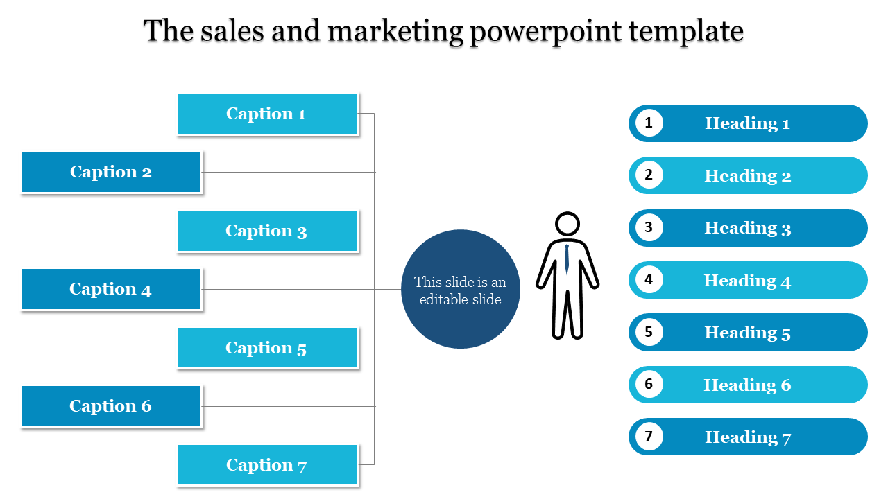 Sales and marketing slide featuring two columns of captions and headings with a central placeholder icon.