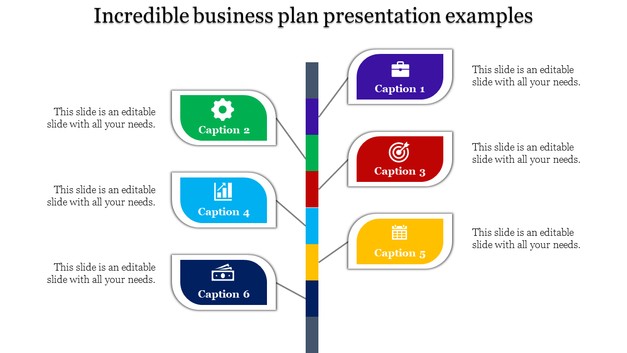 Business plan slide featuring icons such as a briefcase, gear, chart, target, calendar, and calculator, each with a caption.