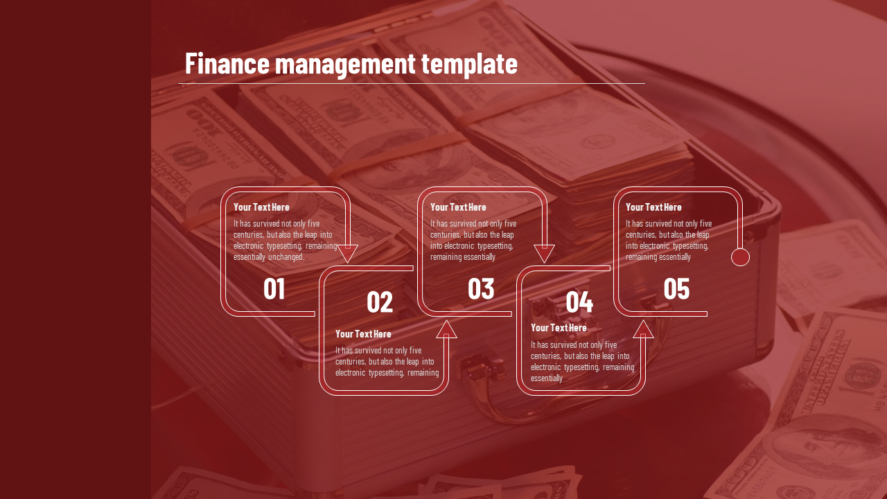 Finance slide with a red overlay, showing a cash filled briefcase in the background and five numbered text boxes with arrows.