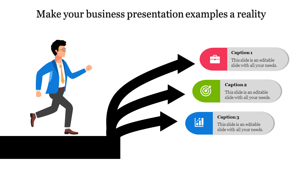 PowerPoint slide with a businessman running towards three arrows representing different business presentation options.