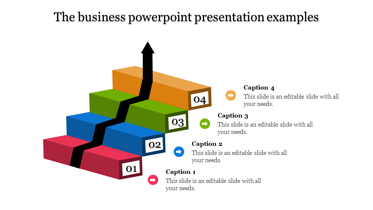 3D block diagram for business with ascending colored steps and a central black arrow indicating progression.