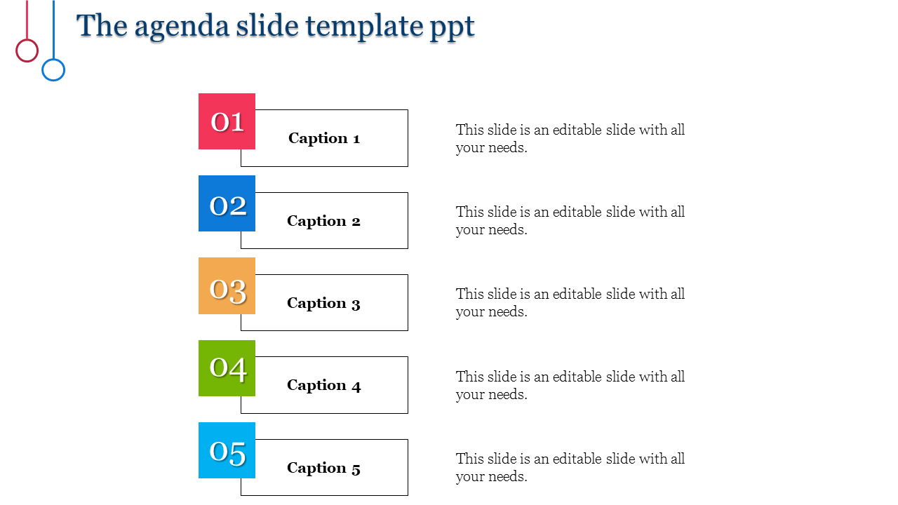 Colorful agenda slide with numbered sections and captions with placeholder text.