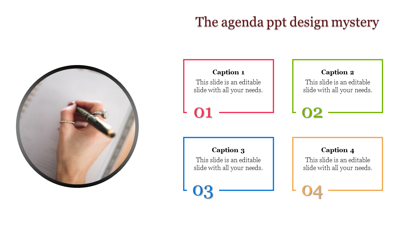 Colorful agenda slide with numbered sections and space for captions alongside an image of handwriting with a pen.