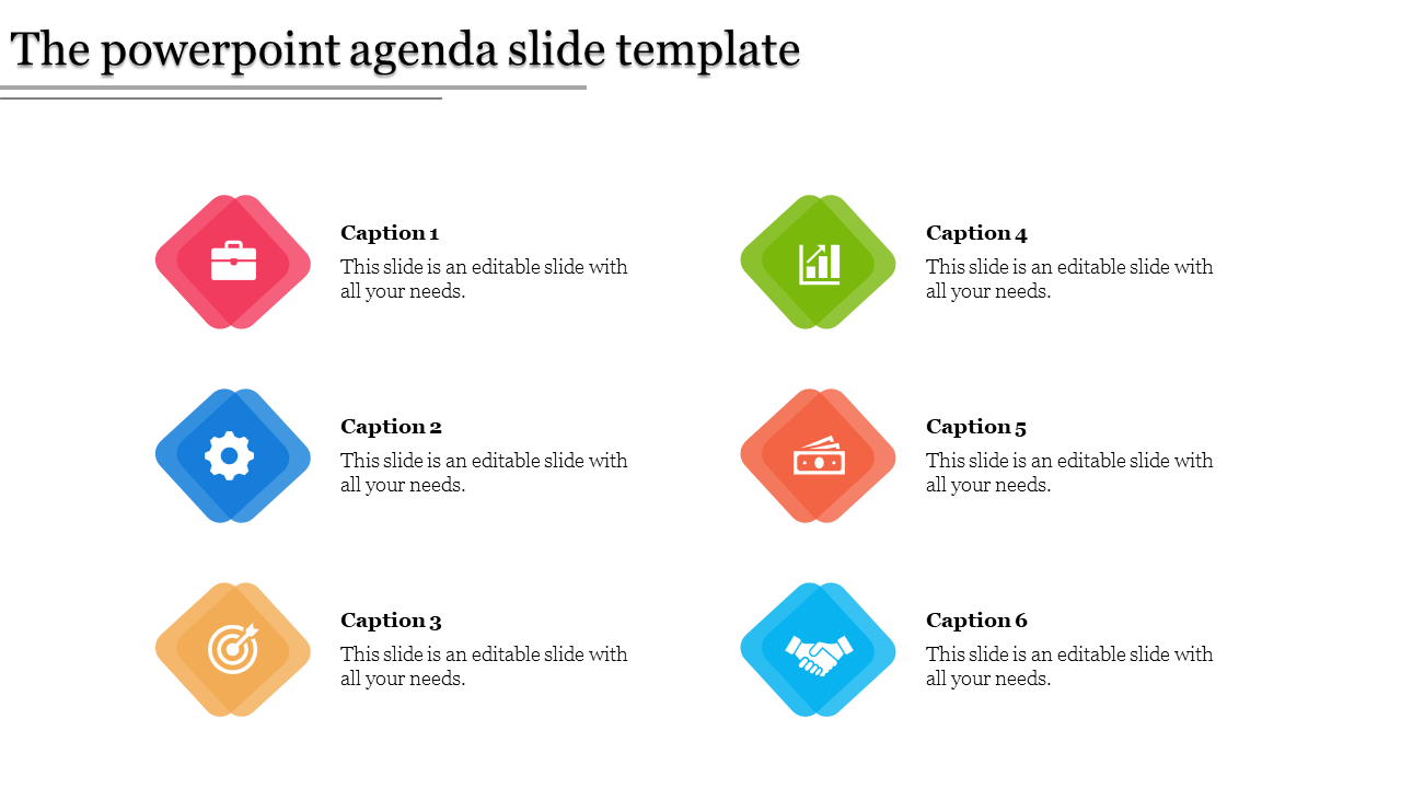 Agenda design featuring six colored diamond icons with placeholders for captions, arranged in two rows.