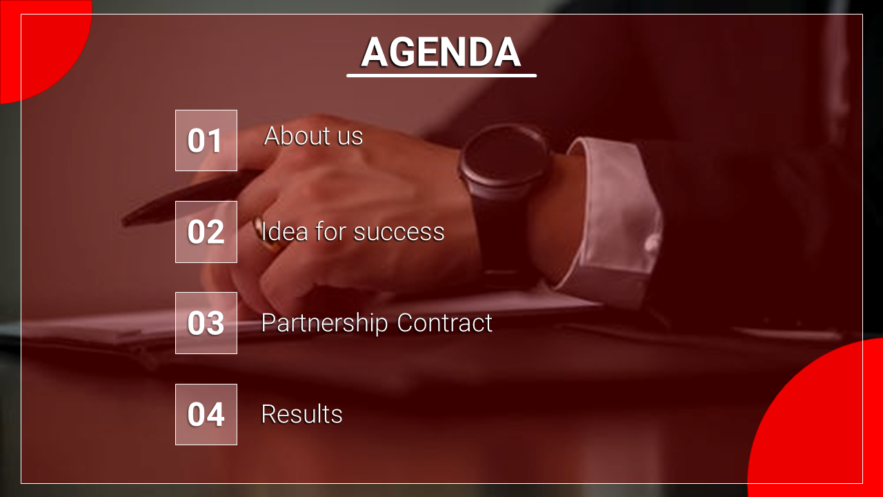 Agenda PowerPoint slide with four sections and a professional background.