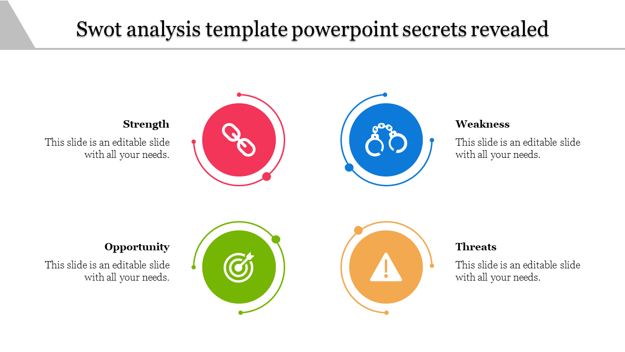 Slide showcasing SWOT analysis with red, blue, green, and orange circular designs and text around it.