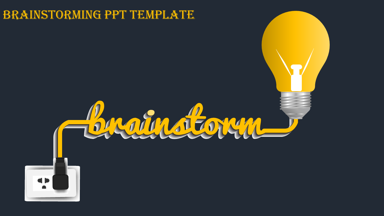 Brainstorming PowerPoint template featuring a lightbulb with the word brainstorm connected by a yellow power cord.