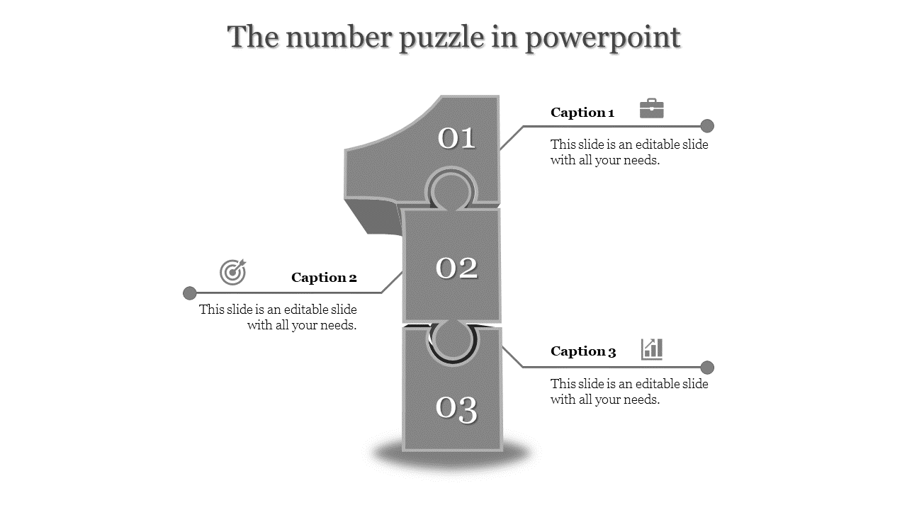 Slide with a gray number one puzzle, showcasing captions and icons for business goals, targets, and analysis.