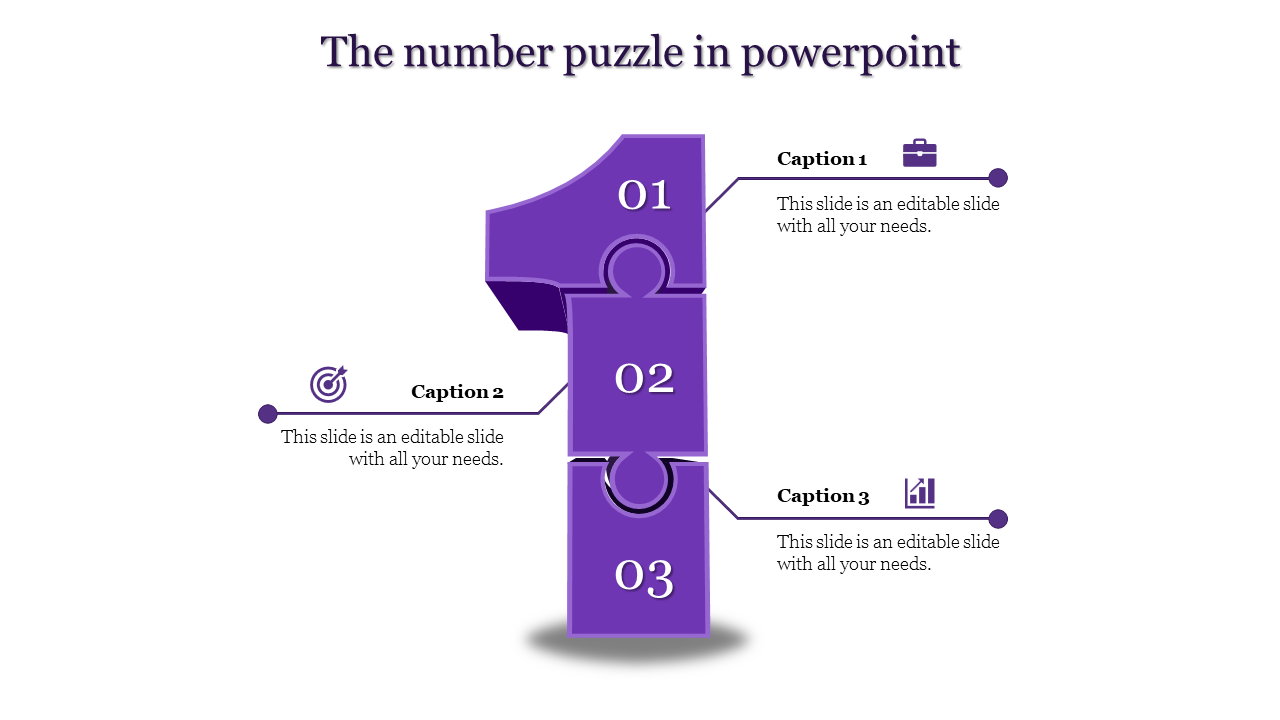 Large purple number one puzzle with three levels and associated captions showcasing business-related icons.