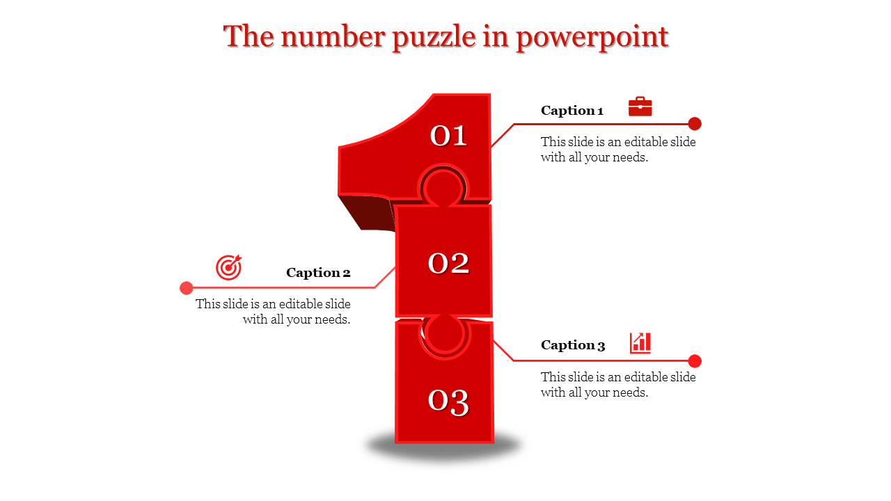 PowerPoint slide featuring a number puzzle design with three captions and red number blocks.