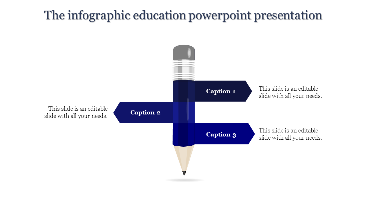 Education infographic with a vertical pencil design and three arrows in varying blue tones for captions areas.