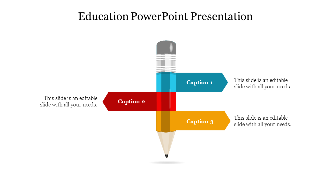 Education PowerPoint slide with a pencil and sections for captions.