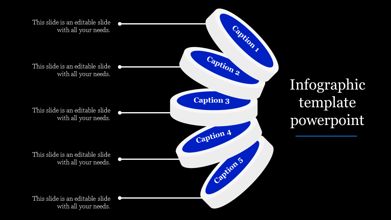 Infographic template displaying five stacked blue oval captions with connecting lines to placeholders text areas.