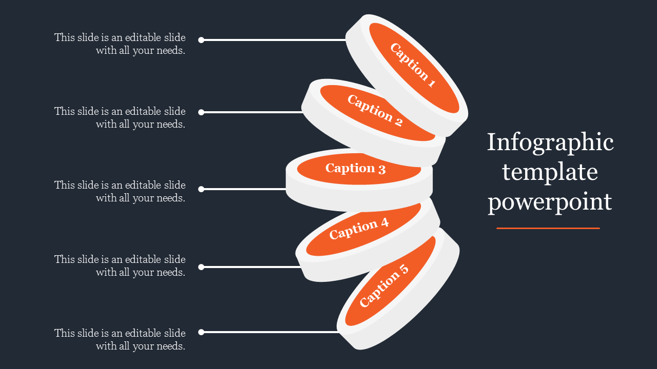 Infographic template with five circular sections, each labeled for caption areas placed in a dark background.