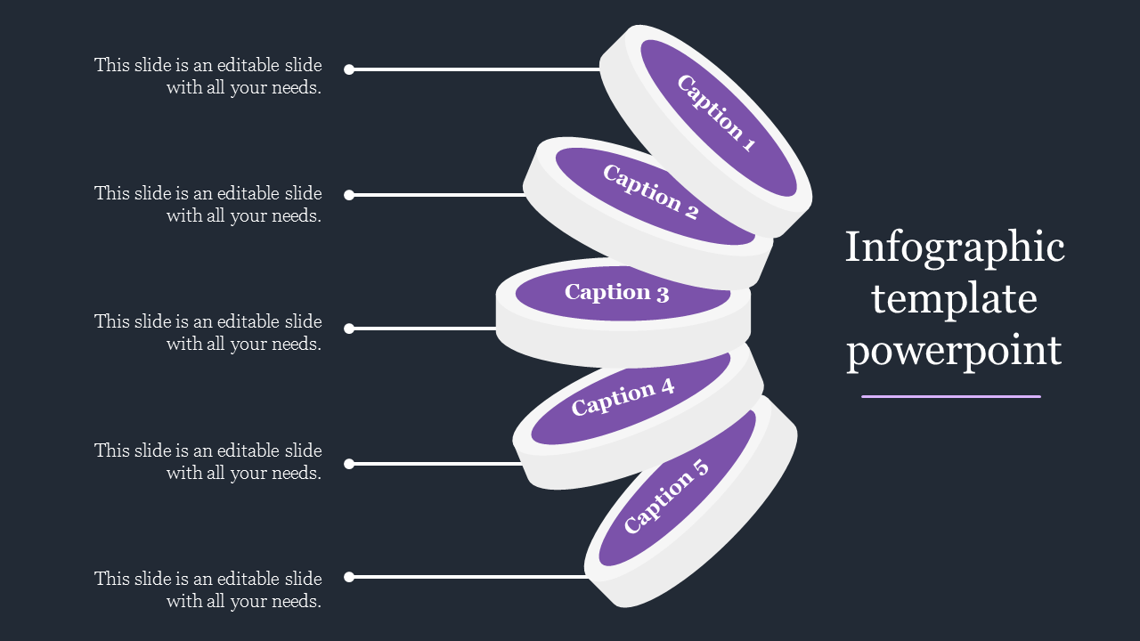 Infographic design slide featuring five stacked caption circles with purple accents with captions on a dark backdrop.